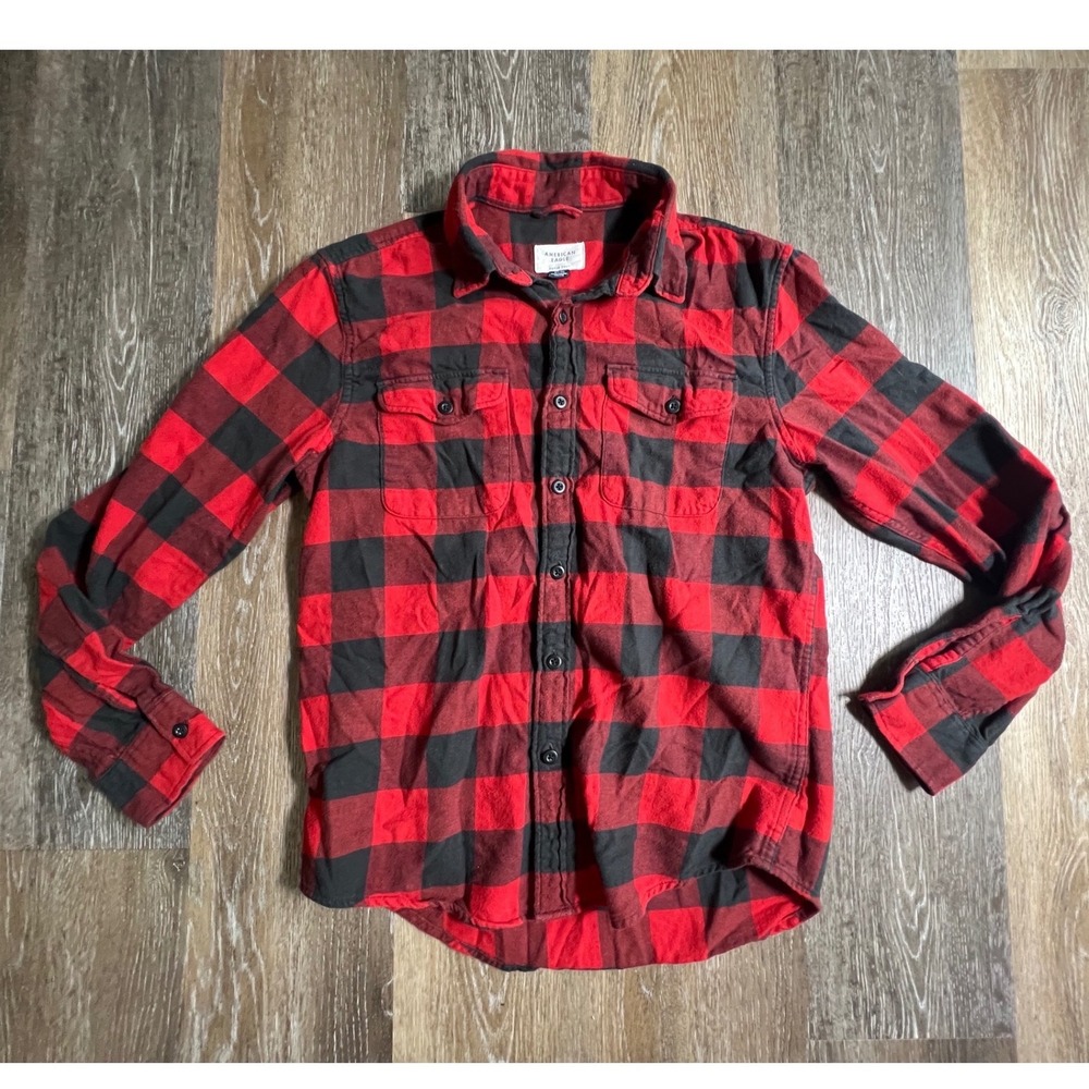 American‎ Eagle Flannel Shirt Mens Small Red Black Buffalo Plaid Slim